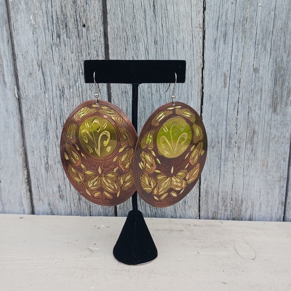 Etched Floral Oval Statement Earrings Women Copper Brass Tone Boho Dangle